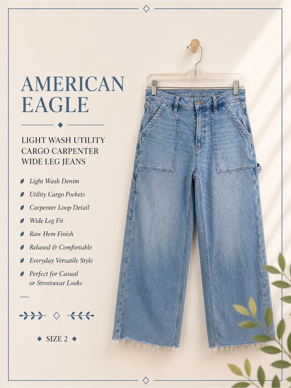 American Eagle Light Wash Utility Cargo Carpenter Wide Leg Jeans Size 2